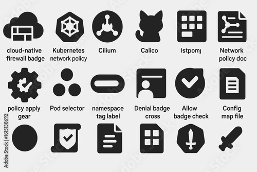 Network policy solid icon set. kubernetes, firewall management solutions