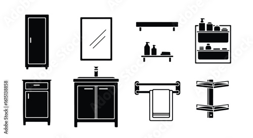 Vector silhouette illustration set. Collection of black and white icons representing bathroom furniture and accessories
