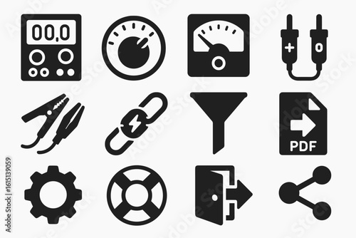Technology and tools solid icon set: gadgets, connectors, and more