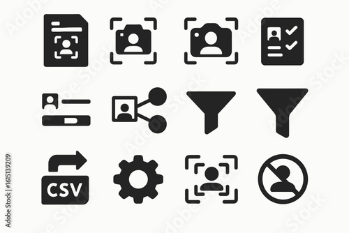 Document management silhouette icon set. file, camera, filter, csv, user icons