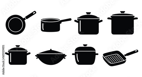 Vector silhouette illustration a variety of cooking pots and pans, including a saucepan, pots with lids, and a wok, isolated on a white background