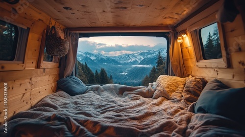 A cozy, custom-built sleeping nook inside a converted van (van life), with a window looking out onto a stunning mountain landscape, adventure and freedom, warm interior light.