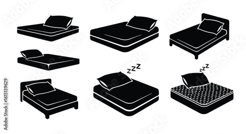 Vector silhouette illustration set collection of six different bed and mattress illustrations with pillows, some indicating sleep