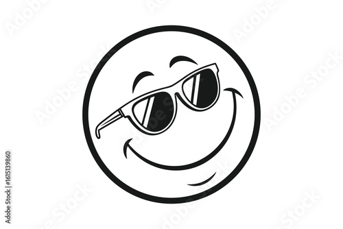 A black and white outline silhouette of a happy smiley face wearing cool sunglasses isolated on white background