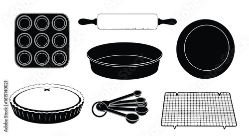 Vector silhouette illustration essential baking tools including a rolling pin, pie dish, and measuring spoons