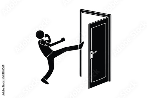 Dynamic silhouette of a person kicking open a slightly ajar door with force isolated on white background silhouette