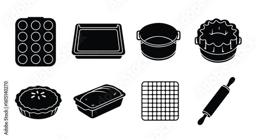 Vector silhouette illustration assorted kitchen containers and pans, including baking trays and roasting pots