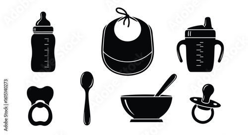 Vector silhouette illustration baby feeding essentials including a bib, spoon, and bowl for mealtime