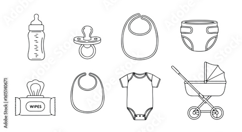 Vector silhouette illustration a set of baby essentials including a pacifier, two bibs, and a onesie, presented as simple line drawings