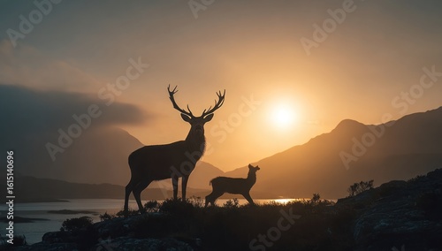 Deer duo silhouetted against a golden sunrise. Majestic buck with antlers stands guard as a smaller deer grazes, mountains fading into the misty horizon over water, creating a tranquil nature scene
