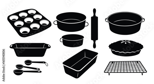 Vector silhouette illustration a collection of kitchen and baking tools including pots, pans, a rolling pin, and loaf pan, depicted as silhouettes