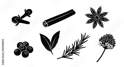 Vector silhouette illustration a collection of aromatic spices and herbs including cinnamon, bay leaves, and rosemary, presented as simple drawings