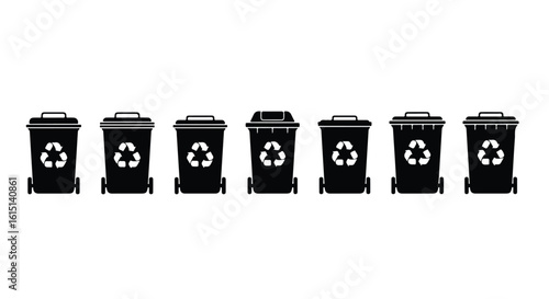 Vector silhouette illustration set a row of black recycling bins with the universal recycling symbol on a white background