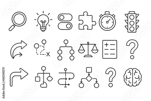 Business and strategy linear icon set: planning, decision-making, and analysis icons
