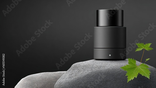 Black cylindrical device on grey rocks with a green sprig against a dark backdrop. Minimalist product shot with natural elements
