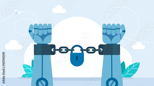 Ai Robot in handcuffs. The robot's hands are shackled with a closed lock. Crimes of artificial intelligence. Ethical use of AI. Vector illustration.