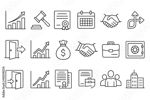 Business and finance line icon set. charts, contracts, symbols in outline style