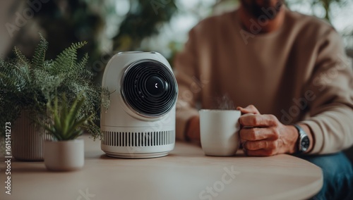 Smart device sits on a table near a steaming mug and fern-like plants, partially blurred man in background. Neutral tones create a calm, cozy atmosphere