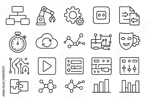 Technology and data line icon set. cloud computing, charts, ai linear collection