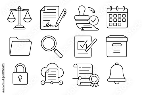 Business and office outline icon set. documents, calendar, magnifying glass included
