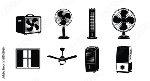Vector silhouette illustration set. Collection of various fans and air treatment appliances, including box, pedestal, tower, and ceiling fans, along with a window, air cooler, and humidifier