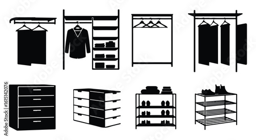 Vector silhouette illustration set. Collection of black silhouette icons representing various wardrobe and storage solutions for clothing and shoes