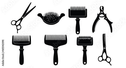 Vector silhouette illustration a set of grooming tools including various brushes and combs in black silhouette