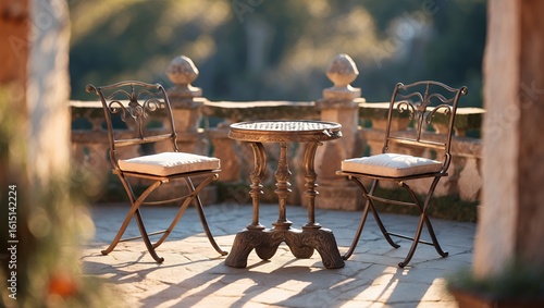 Elegant Outdoor Bistro Set on a Sunny Terrace with Warm Golden Light