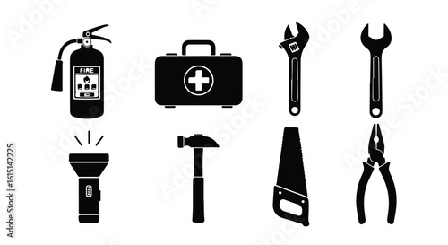 Vector silhouette illustration set. Collection of essential safety and tool icons, including a fire extinguisher, first aid kit, flashlight, hammer, wrenches, saw, and pliers