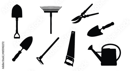 Vector silhouette illustration various gardening tools such as a rake, shears, saw, and hoe in silhouette