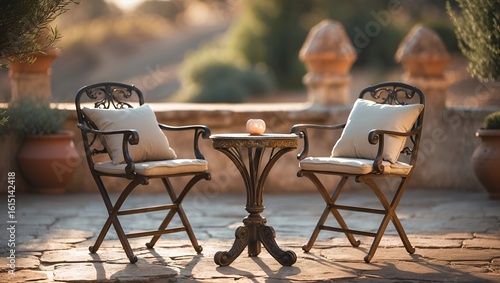 Inviting Outdoor Patio with Elegant Wrought Iron Furniture at Golden Hour