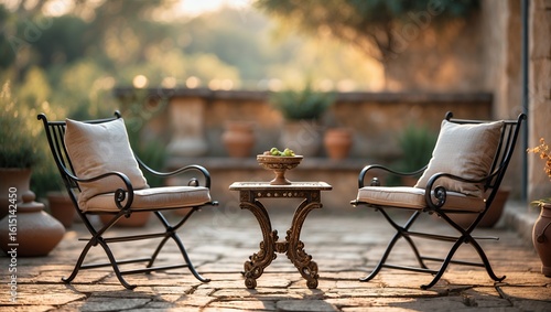 Elegant Mediterranean Patio with Chairs, Table, and Fruit Bowl in Golden Hour Sunlight, Perfect for Relaxation