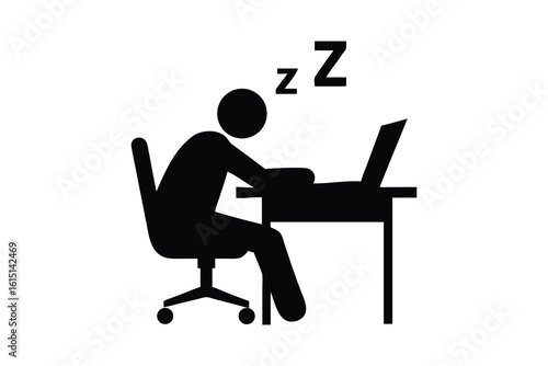 Silhouette of a person sleeping at a desk with a laptop and zzz symbols isolated on white background