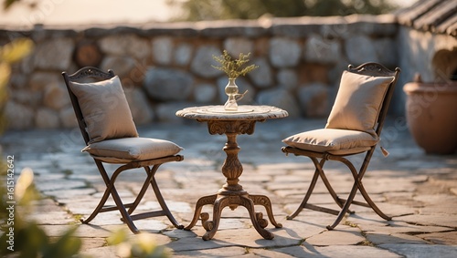Inviting Outdoor Patio with Elegant Garden Furniture in Warm Sunlight