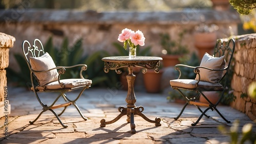 Elegant Outdoor Patio Setting with Classic Wrought Iron Furniture and Pink Flowers on a Sunny Terrace