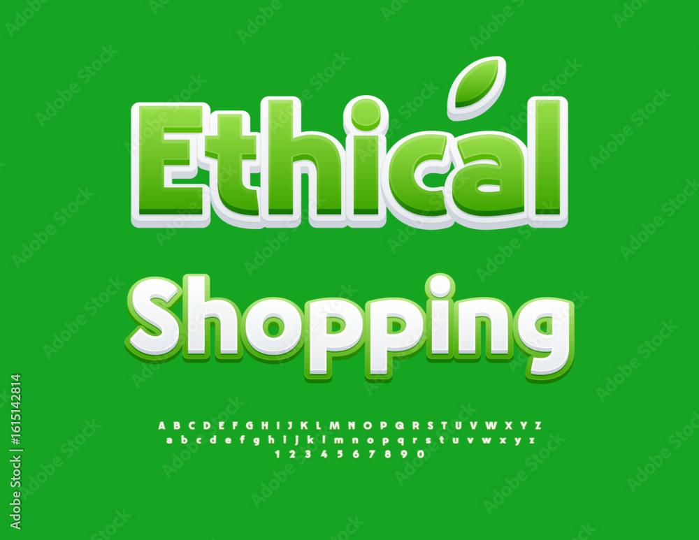 Naklejka premium Vector Eco banner Ethical Shopping. Classic White and Green Font. Decorative Alphabet Letters and Numbers set.