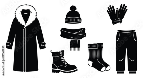 Vector silhouette illustration cozy winter clothing set including a beanie, scarf, boots, and warm socks for cold weather