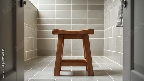 Modern Wooden Stool in Clean Tiled Bathroom Shower Interior