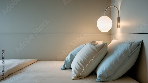 Minimalist Bedroom Interior with Soft Lighting, Cozy Bed and Pillows