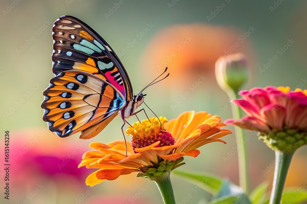 Fototapeta premium Stunning butterfly with vibrant colors gathering nectar from beautiful orange flower in sunny summer garden