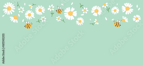 Daisy flower, flying petals and bee cartoons on green background vector.