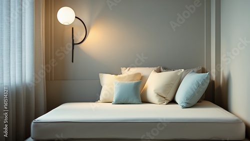 Modern Minimalist Bedroom Interior with Soft Lighting and Neutral Tones