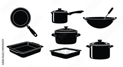 Vector silhouette illustration a variety of black silhouette icons representing different pots, pans, and baking dishes