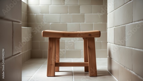 Modern Minimalist Wooden Shower Stool in a Clean Tiled Bathroom Interior