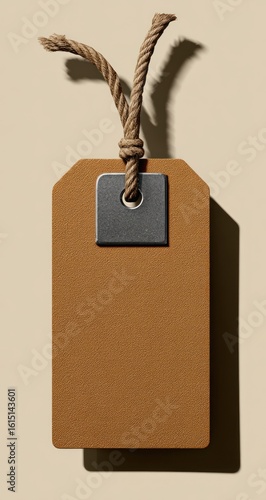 Simple beige tag. Rectangular tag with a metal reinforcement eyelet, suspended by a looped, knotted light-brown natural fiber string, casting shadow on an off-white background