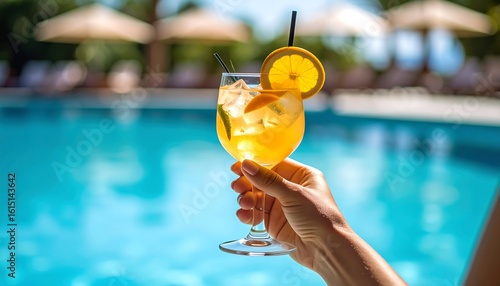 Hand holding a refreshing cocktail by a pool (1)