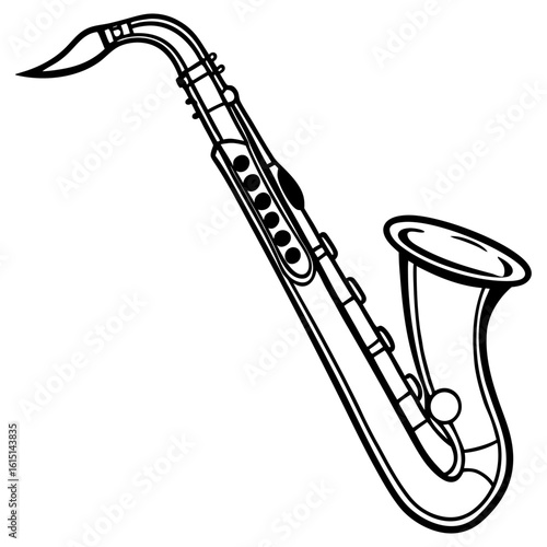 A black and white outline drawing of a saxophone
