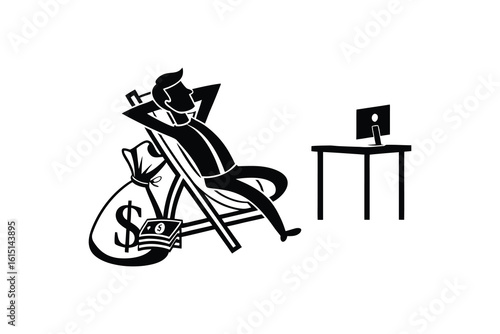 Relaxed businessman with money bag and computer on desk enjoying success and leisure time silhouette isolated on white background