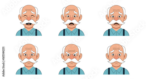 Collection of elderly man face expressions showing various emotions and feelings during social interaction