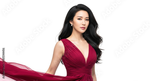 Elegant asian woman in a flowing red dress poses gracefully against a clean transparent background in studio